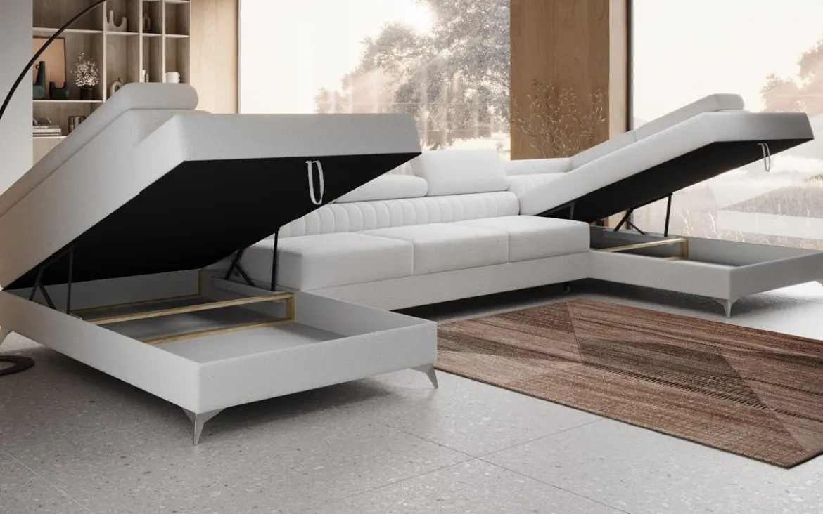 Designer Sofa Aurea U XXL mit Schlaf- und Klappfunktion in Bouclé
