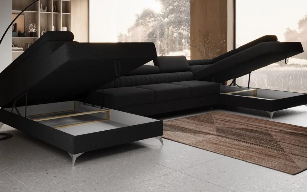 Designer Sofa Aurea U XXL mit Schlaf- und Klappfunktion in Bouclé