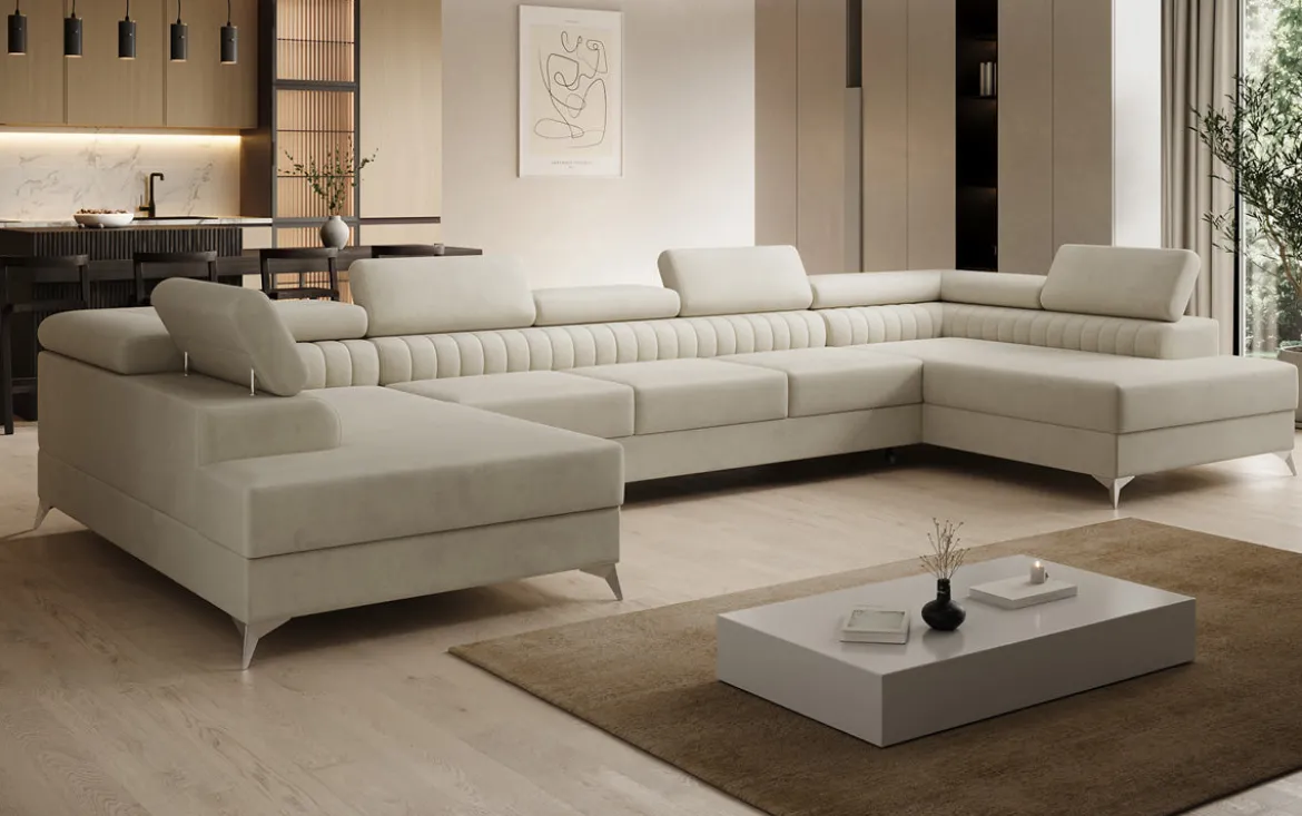 Designer Sofa Aurea U XXL mit Schlaf- und Klappfunktion in Samt