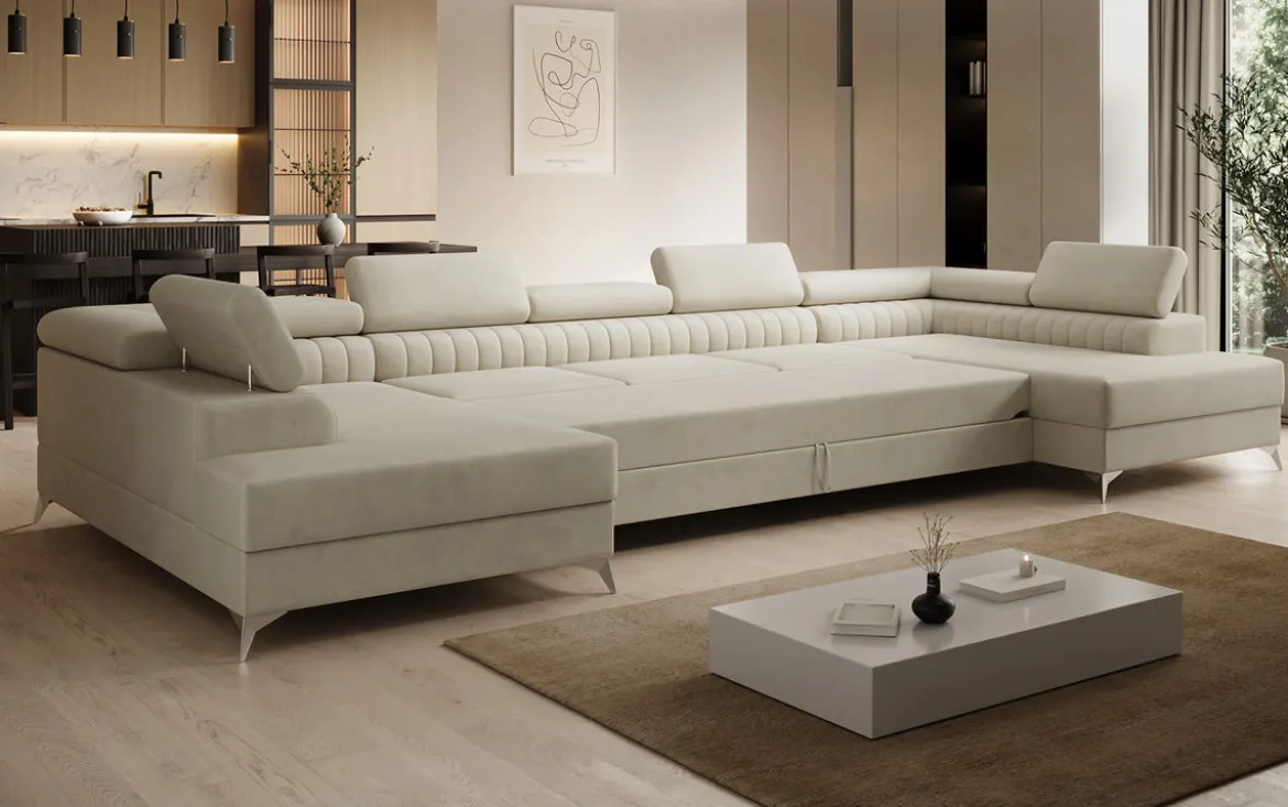 Designer Sofa Aurea U XXL mit Schlaf- und Klappfunktion in Samt