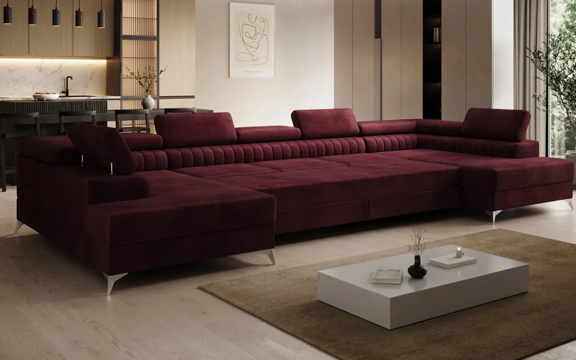Designer Sofa Aurea U XXL mit Schlaf- und Klappfunktion in Samt
