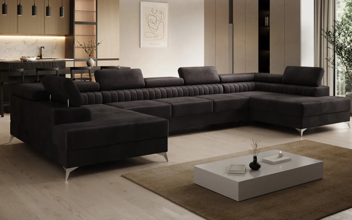 Designer Sofa Aurea U XXL mit Schlaf- und Klappfunktion in Samt