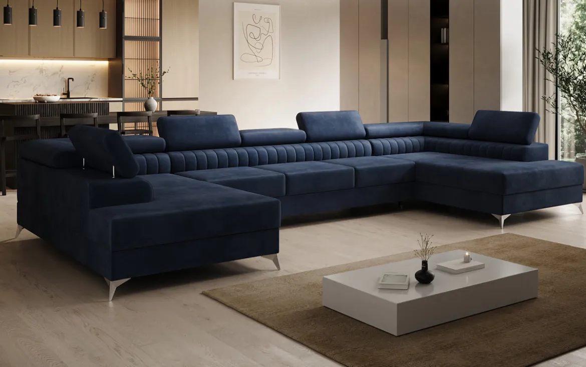 Designer Sofa Aurea U XXL mit Schlaf- und Klappfunktion in Samt