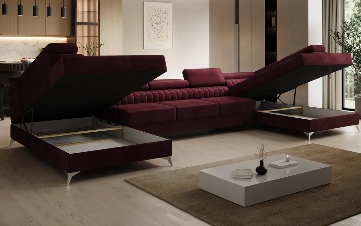 Designer Sofa Aurea U XXL mit Schlaf- und Klappfunktion in Samt