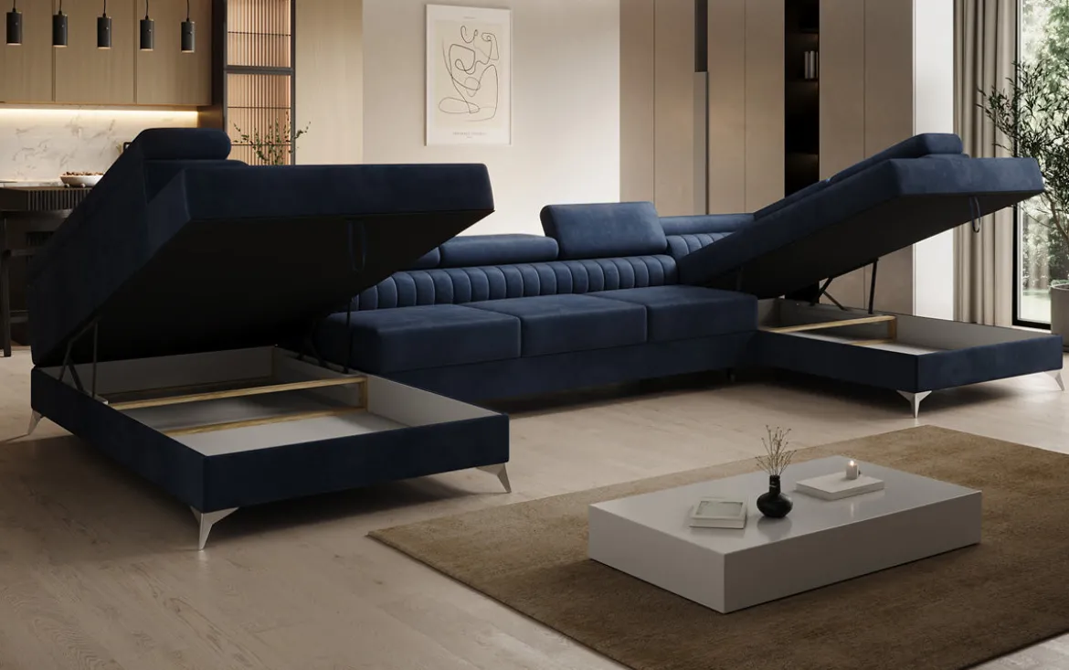 Designer Sofa Aurea U XXL mit Schlaf- und Klappfunktion in Samt