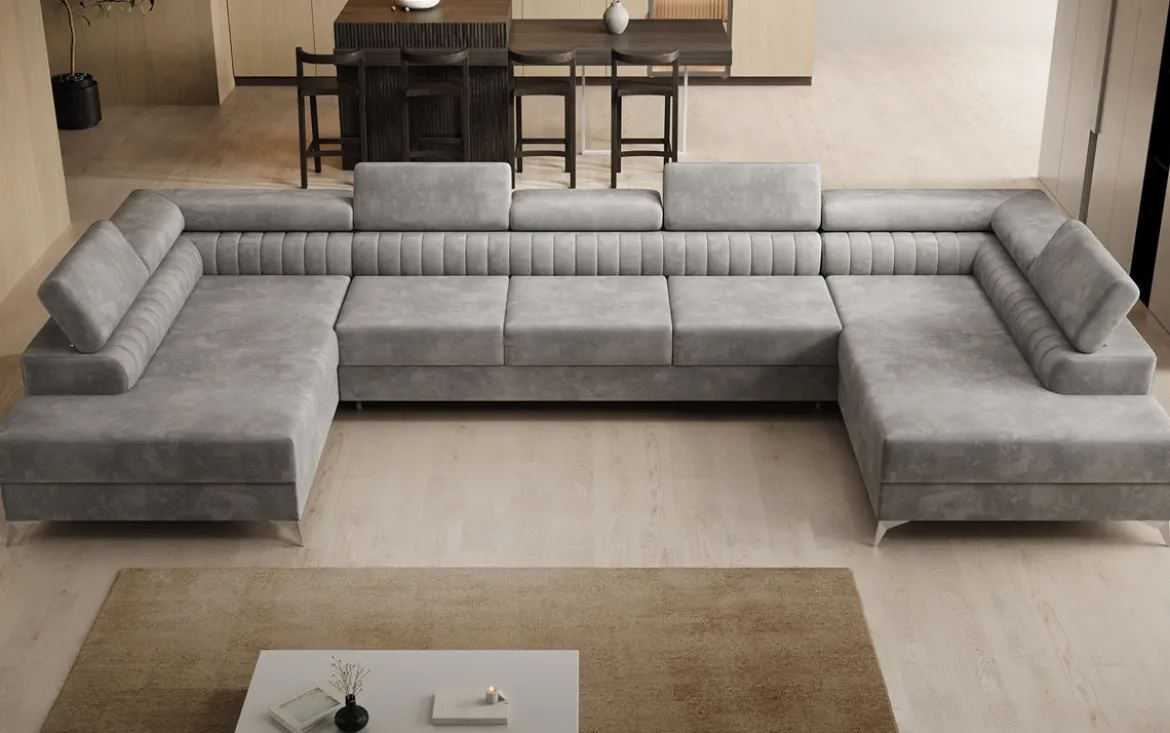 Designer Sofa Aurea U XXL mit Schlaf- und Klappfunktion in Samt