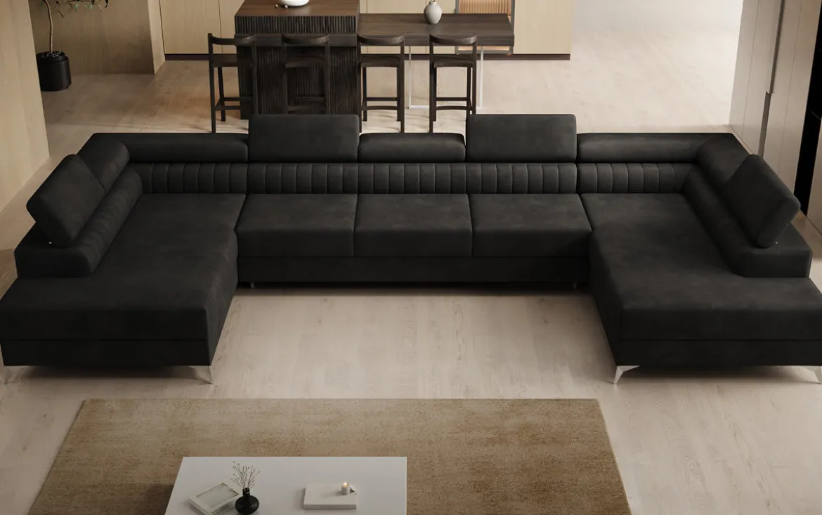 Designer Sofa Aurea U XXL mit Schlaf- und Klappfunktion in Samt