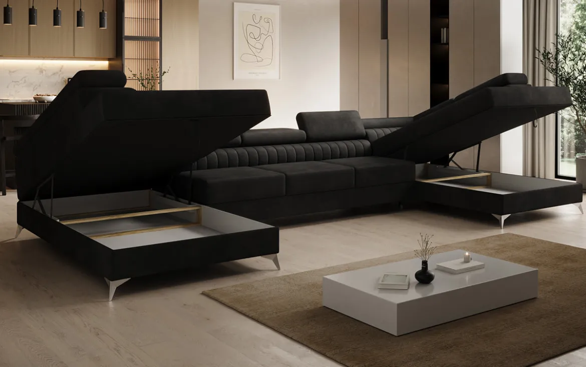 Designer Sofa Aurea U XXL mit Schlaf- und Klappfunktion in Samt