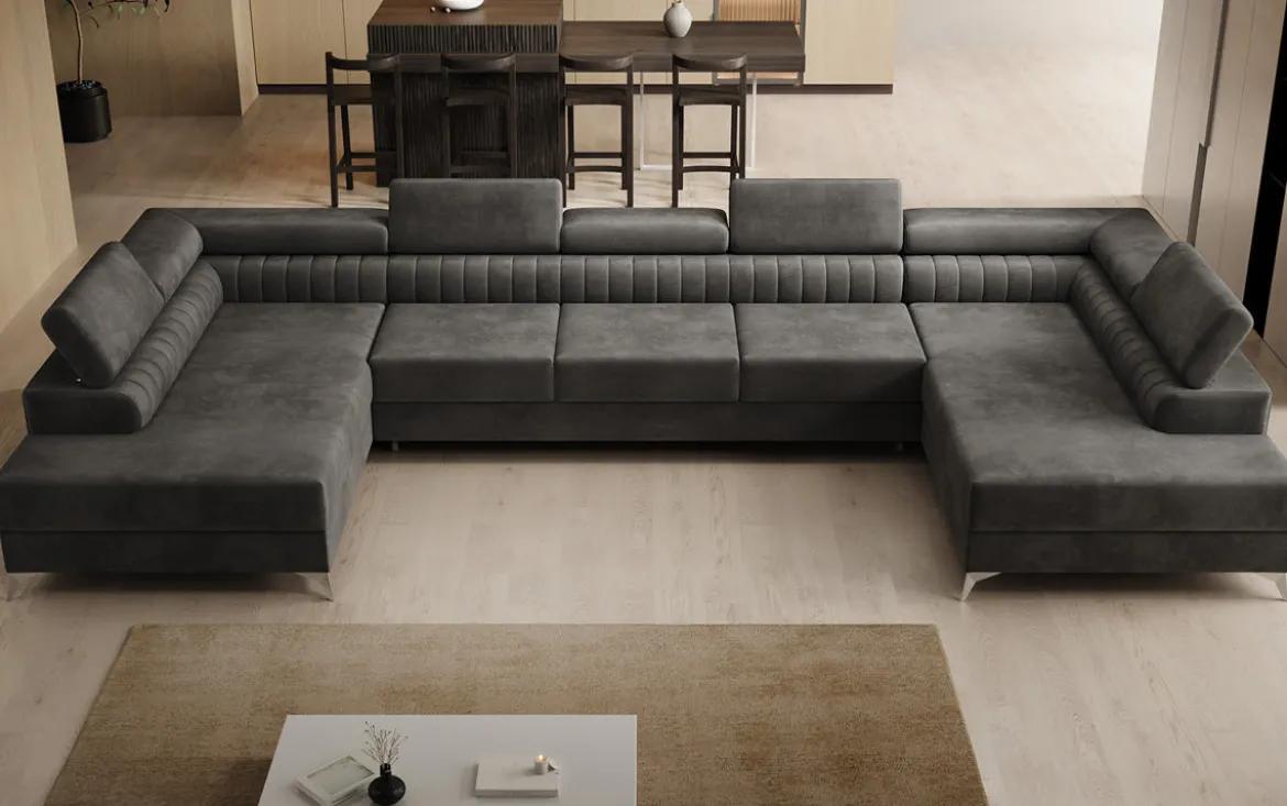 Designer Sofa Aurea U XXL mit Schlaf- und Klappfunktion in Samt