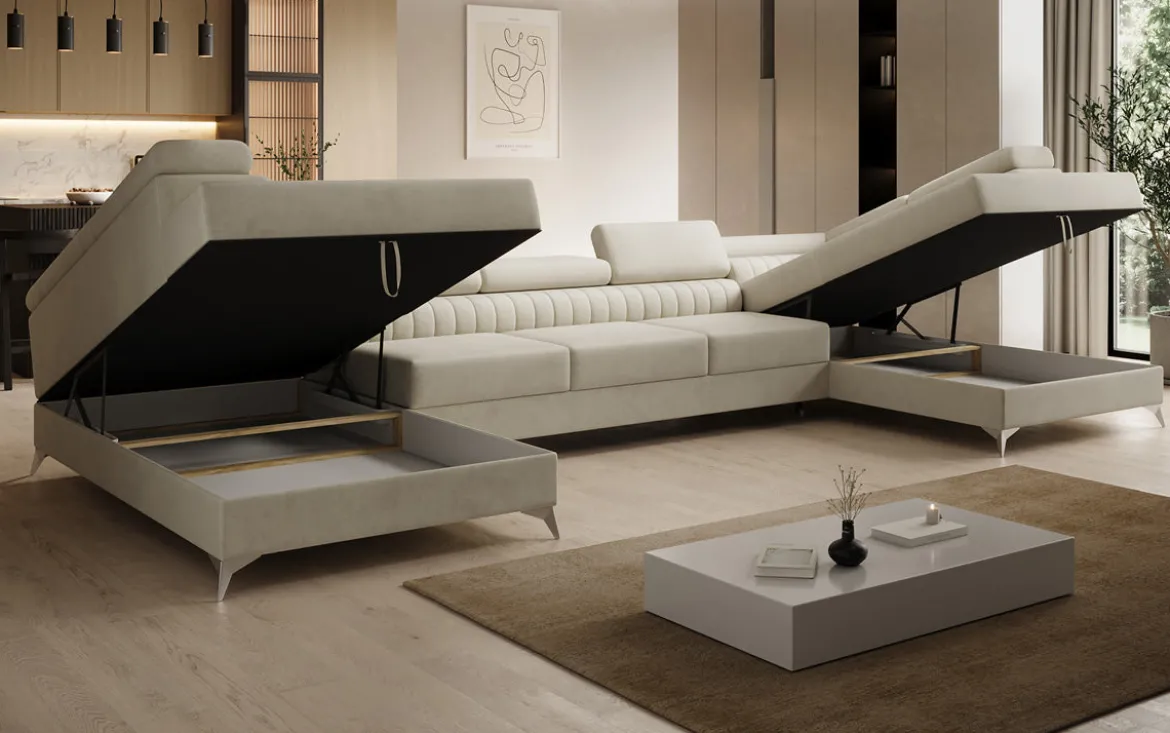 Designer Sofa Aurea U XXL mit Schlaf- und Klappfunktion in Samt