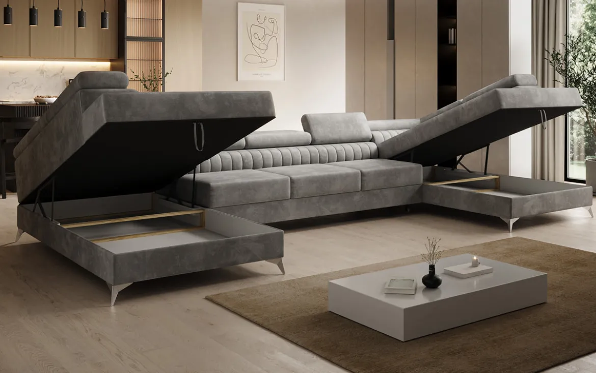 Designer Sofa Aurea U XXL mit Schlaf- und Klappfunktion in Samt