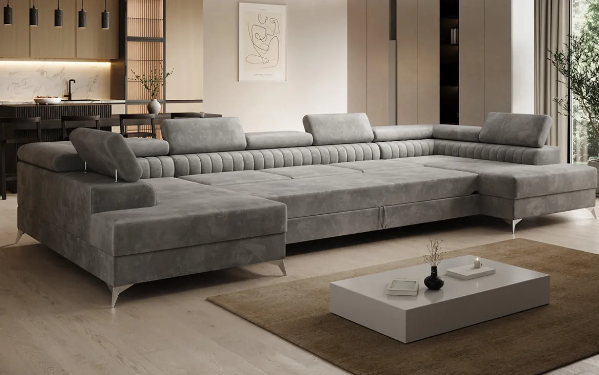 Designer Sofa Aurea U XXL mit Schlaf- und Klappfunktion in Samt