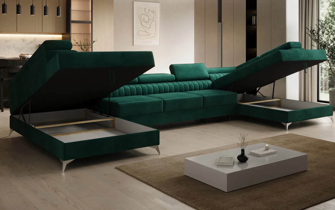 Designer Sofa Aurea U XXL mit Schlaf- und Klappfunktion in Samt