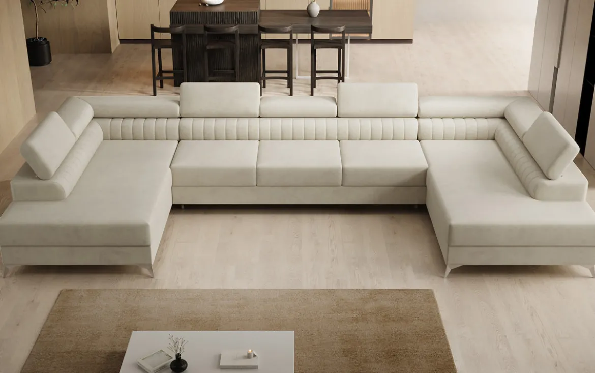 Designer Sofa Aurea U XXL mit Schlaf- und Klappfunktion in Samt