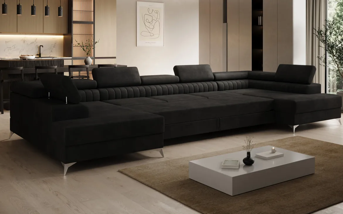 Designer Sofa Aurea U XXL mit Schlaf- und Klappfunktion in Samt