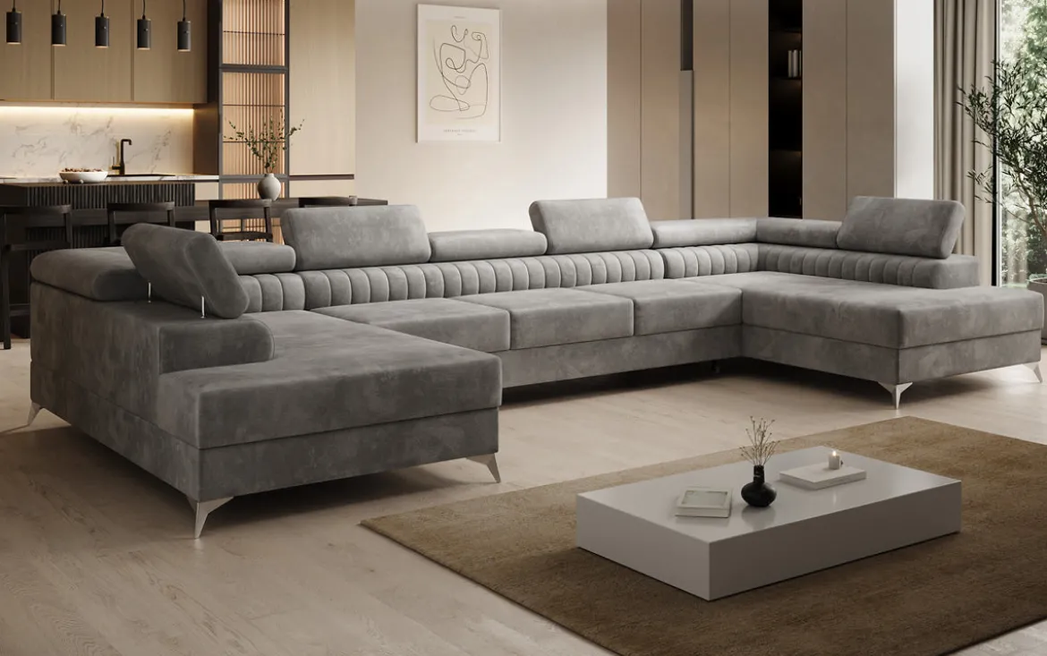 Designer Sofa Aurea U XXL mit Schlaf- und Klappfunktion in Samt