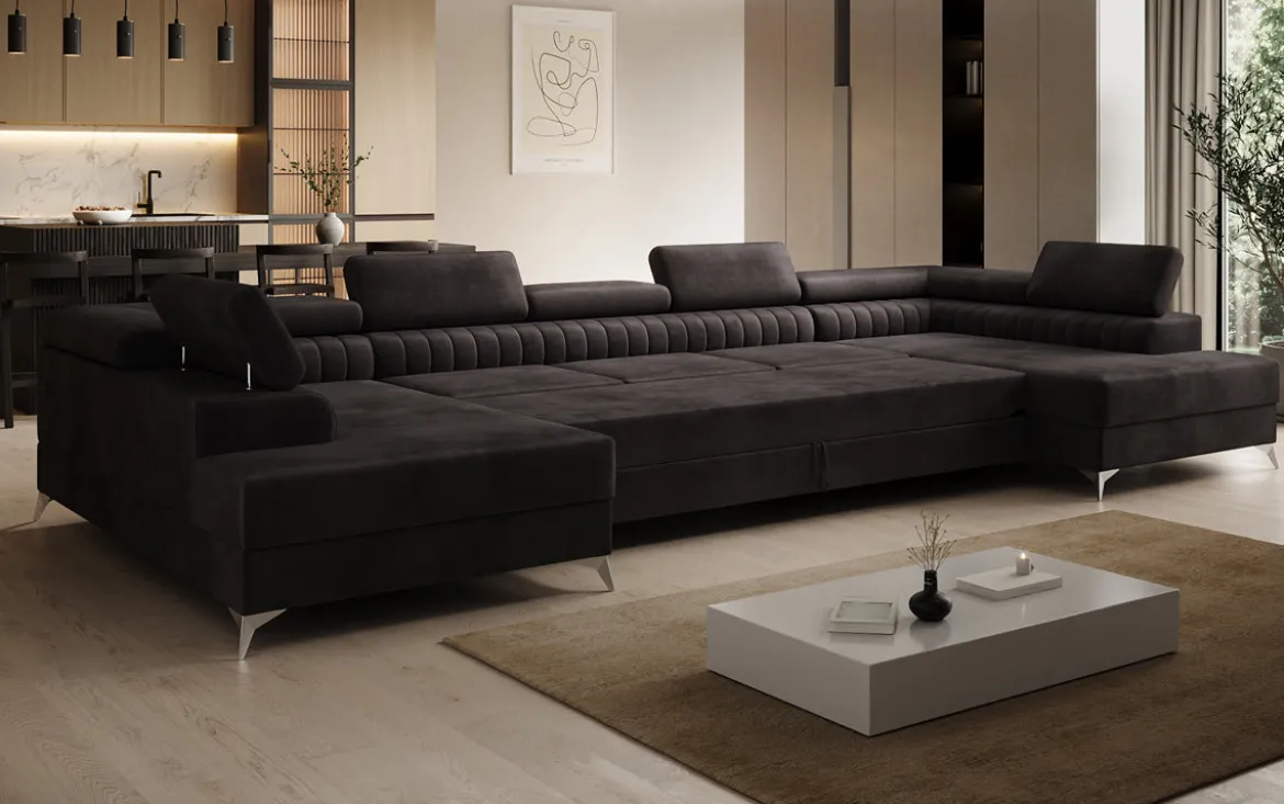 Designer Sofa Aurea U XXL mit Schlaf- und Klappfunktion in Samt