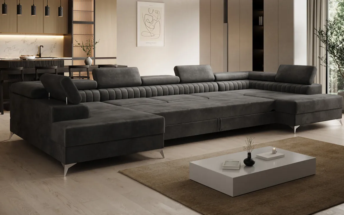 Designer Sofa Aurea U XXL mit Schlaf- und Klappfunktion in Samt