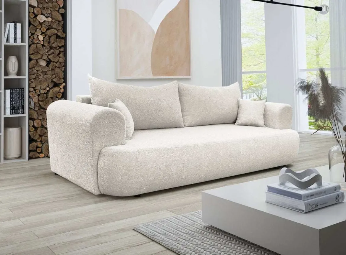 Designer Sofa Baron mit Schlaffunktion und Stauraum aus Boucle