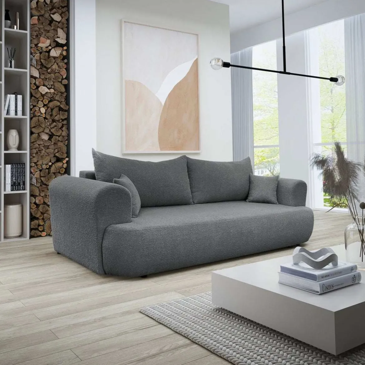 Designer Sofa Baron mit Schlaffunktion und Stauraum aus Boucle