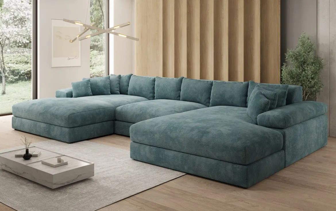 Designer Sofa Bernardo U mit breiter Ottomane in Cord