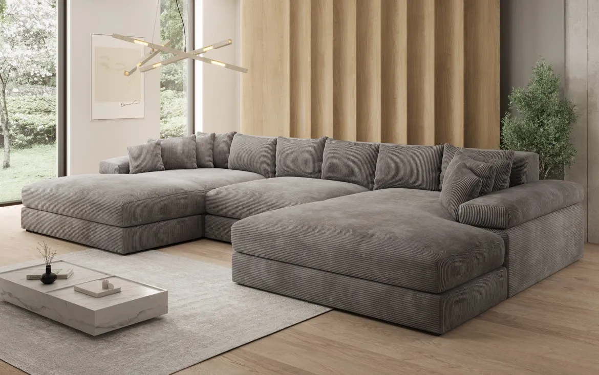 Designer Sofa Bernardo U mit breiter Ottomane in Cord