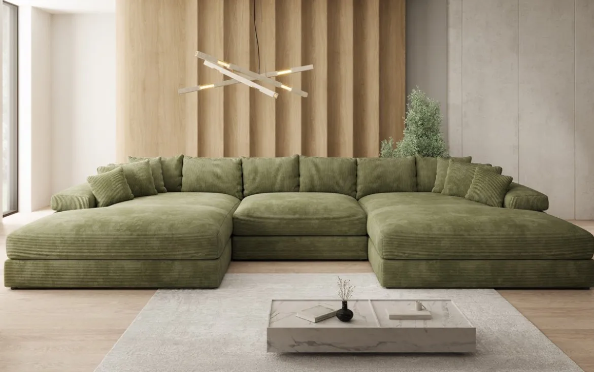 Designer Sofa Bernardo U mit breiter Ottomane in Cord