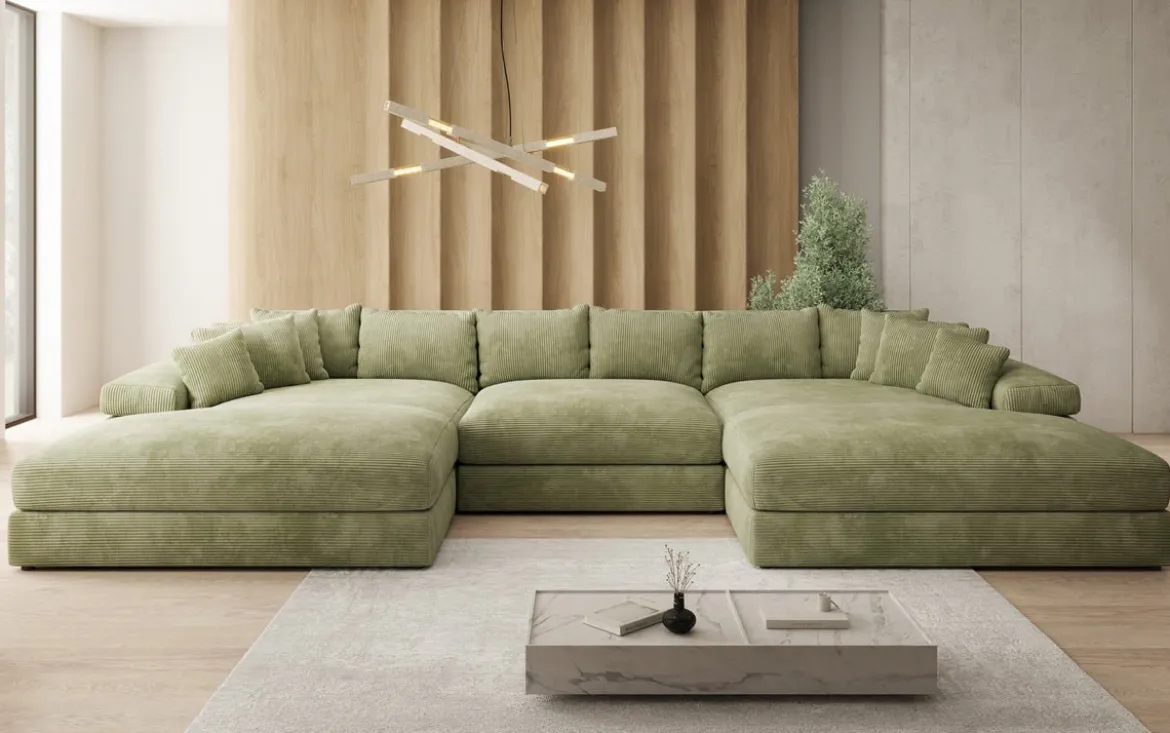 Designer Sofa Bernardo U mit breiter Ottomane in Cord