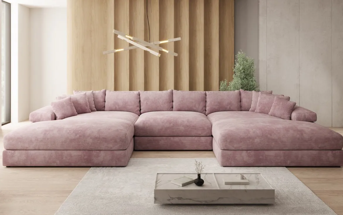 Designer Sofa Bernardo U mit breiter Ottomane in Cord