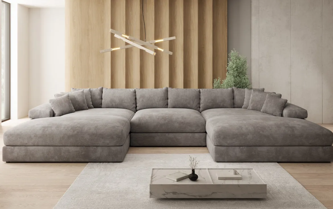 Designer Sofa Bernardo U mit breiter Ottomane in Cord