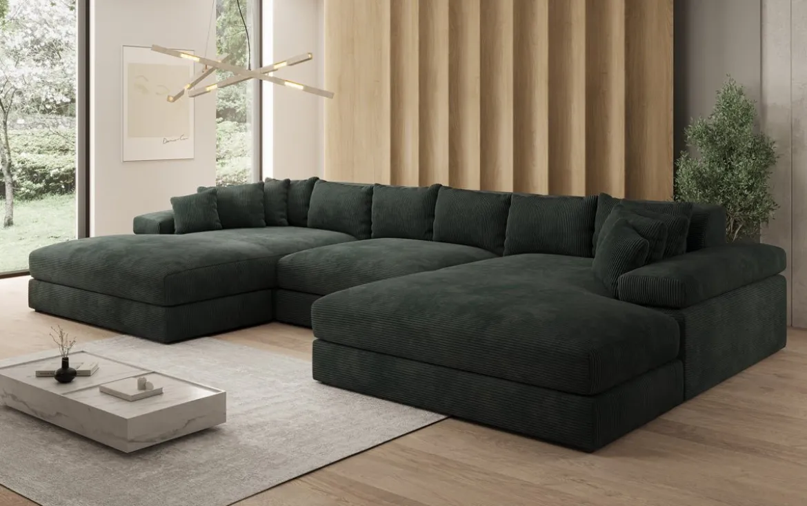 Designer Sofa Bernardo U mit breiter Ottomane in Cord