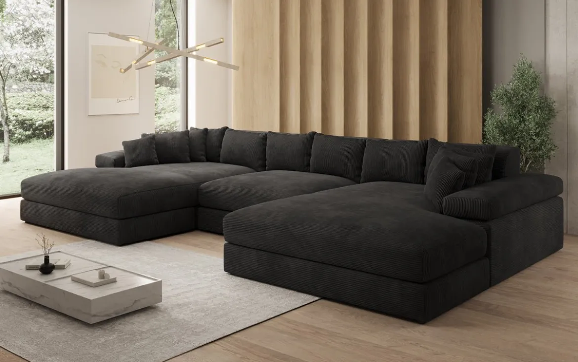 Designer Sofa Bernardo U mit breiter Ottomane in Cord