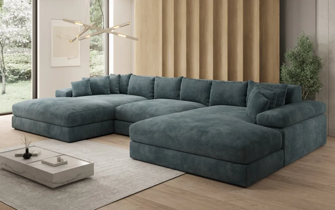 Designer Sofa Bernardo U mit breiter Ottomane in Cord