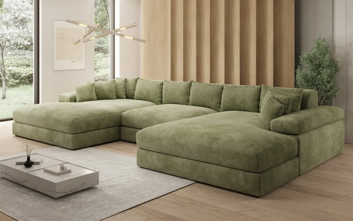 Designer Sofa Bernardo U mit breiter Ottomane in Cord