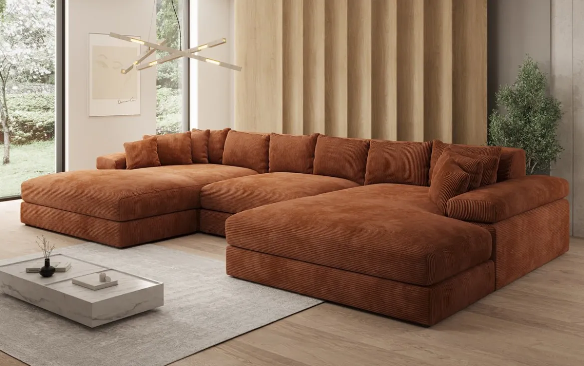 Designer Sofa Bernardo U mit breiter Ottomane in Cord