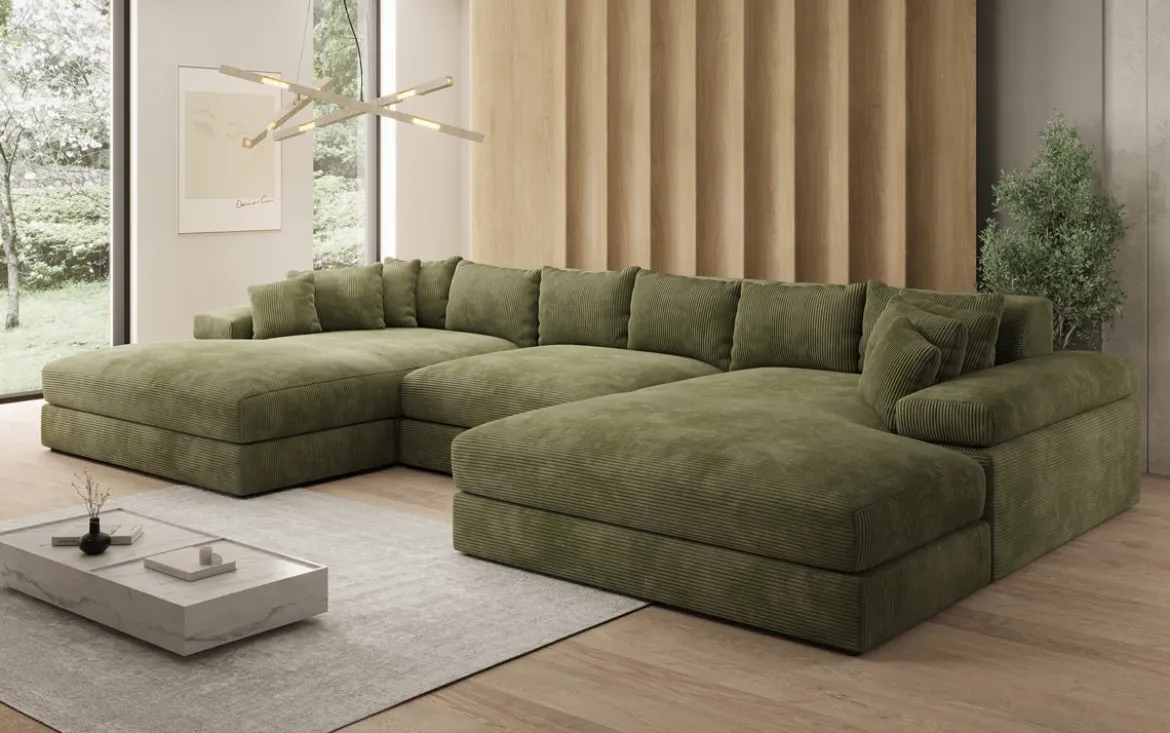 Designer Sofa Bernardo U mit breiter Ottomane in Cord
