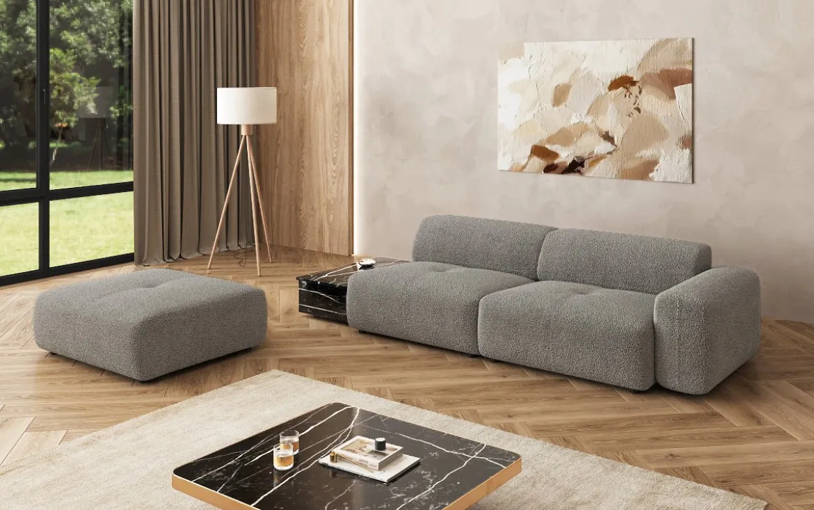 Designer Sofa Calm 3 Sitzer mit Beistellhocker und Beistelltisch in Bouclé