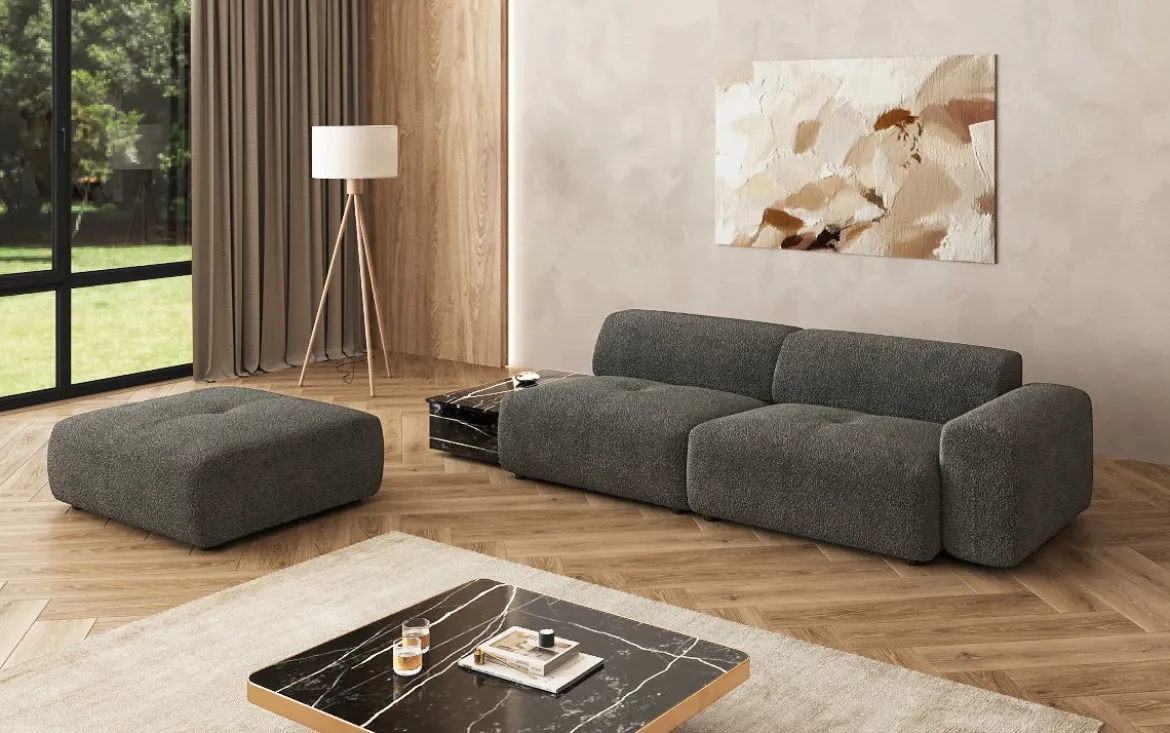 Designer Sofa Calm 3 Sitzer mit Beistellhocker und Beistelltisch in Bouclé