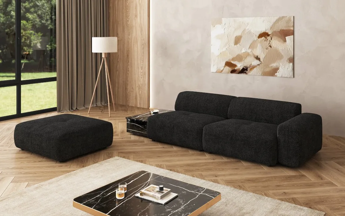 Designer Sofa Calm 3 Sitzer mit Beistellhocker und Beistelltisch in Bouclé