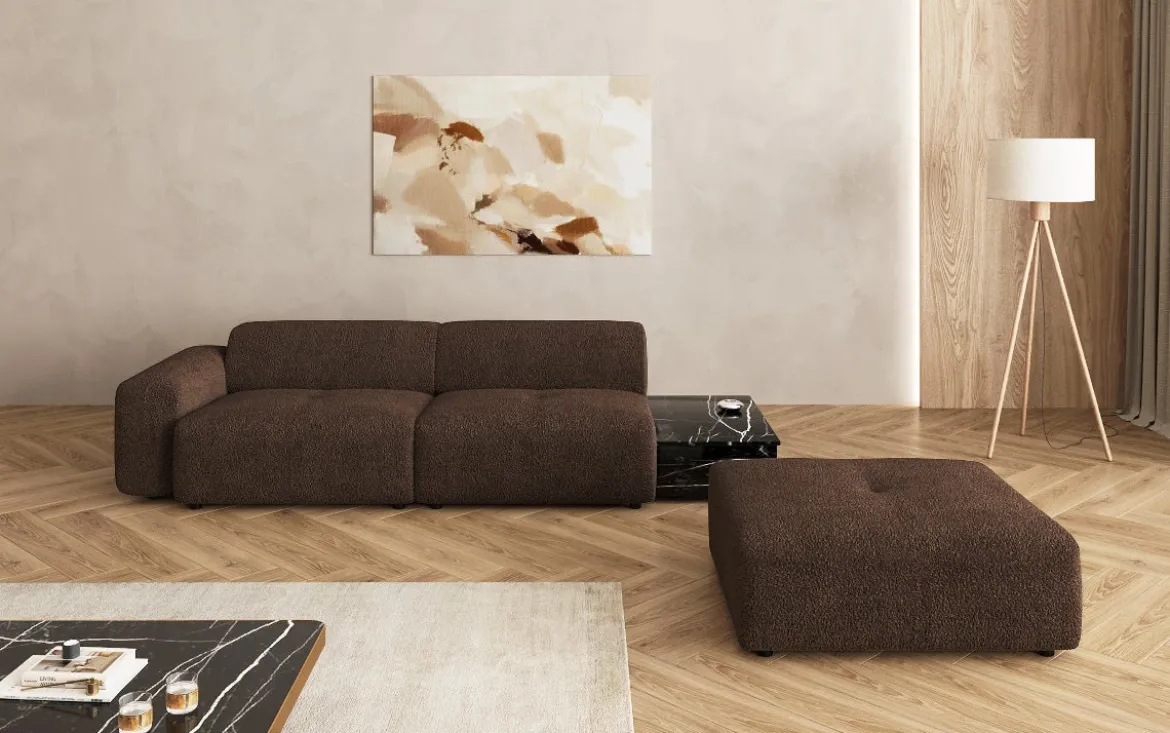 Designer Sofa Calm 3 Sitzer mit Beistellhocker und Beistelltisch in Bouclé