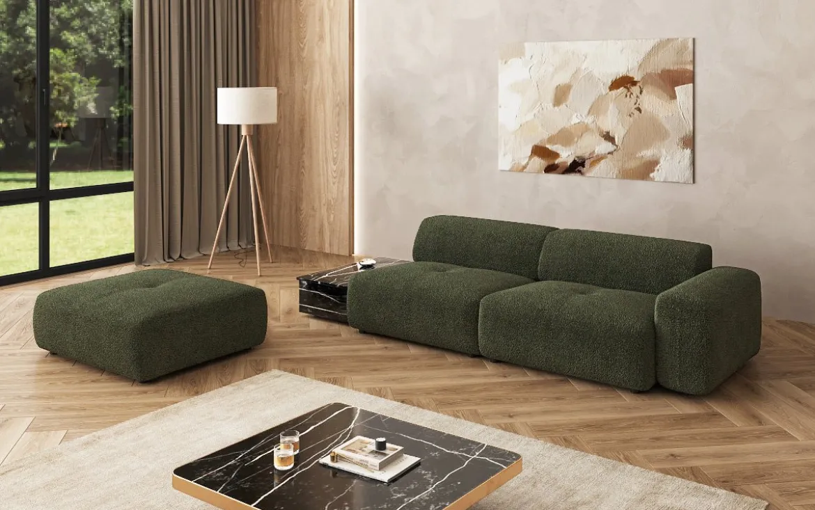 Designer Sofa Calm 3 Sitzer mit Beistellhocker und Beistelltisch in Bouclé