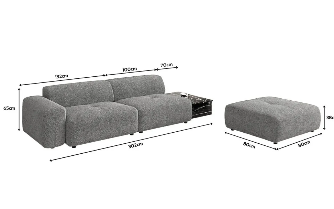 Designer Sofa Calm 3 Sitzer mit Beistellhocker und Beistelltisch in Bouclé