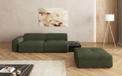 Designer Sofa Calm 3 Sitzer mit Beistellhocker und Beistelltisch in Bouclé