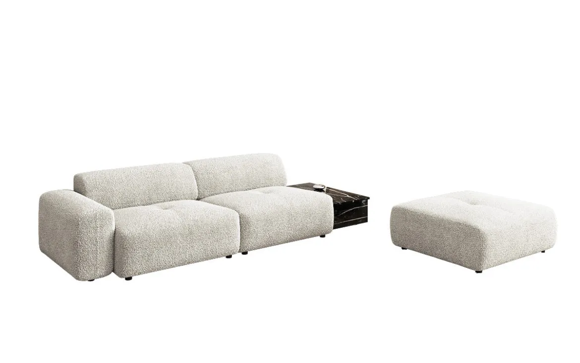 Designer Sofa Calm 3 Sitzer mit Beistellhocker und Beistelltisch in Bouclé