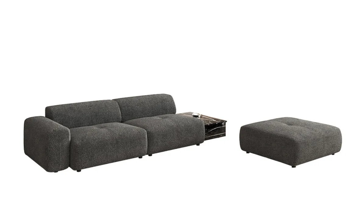 Designer Sofa Calm 3 Sitzer mit Beistellhocker und Beistelltisch in Bouclé