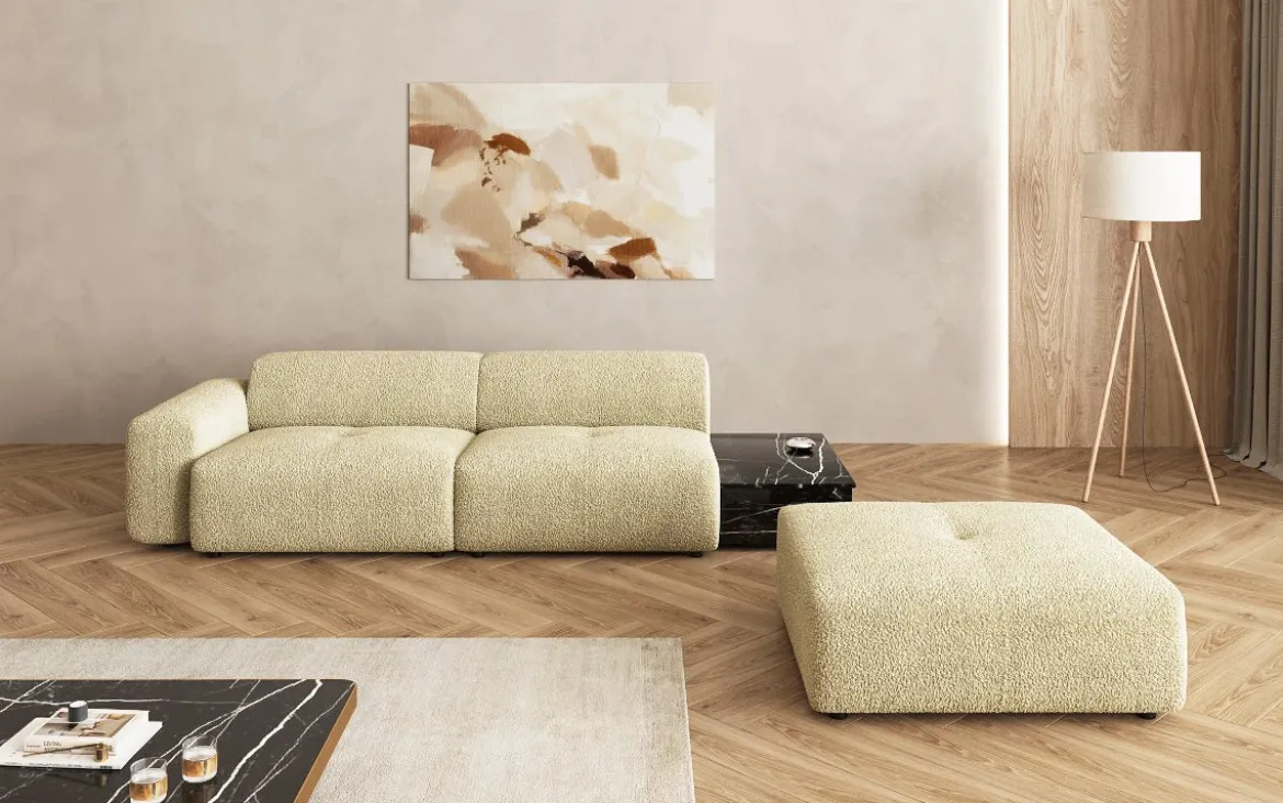 Designer Sofa Calm 3 Sitzer mit Beistellhocker und Beistelltisch in Bouclé