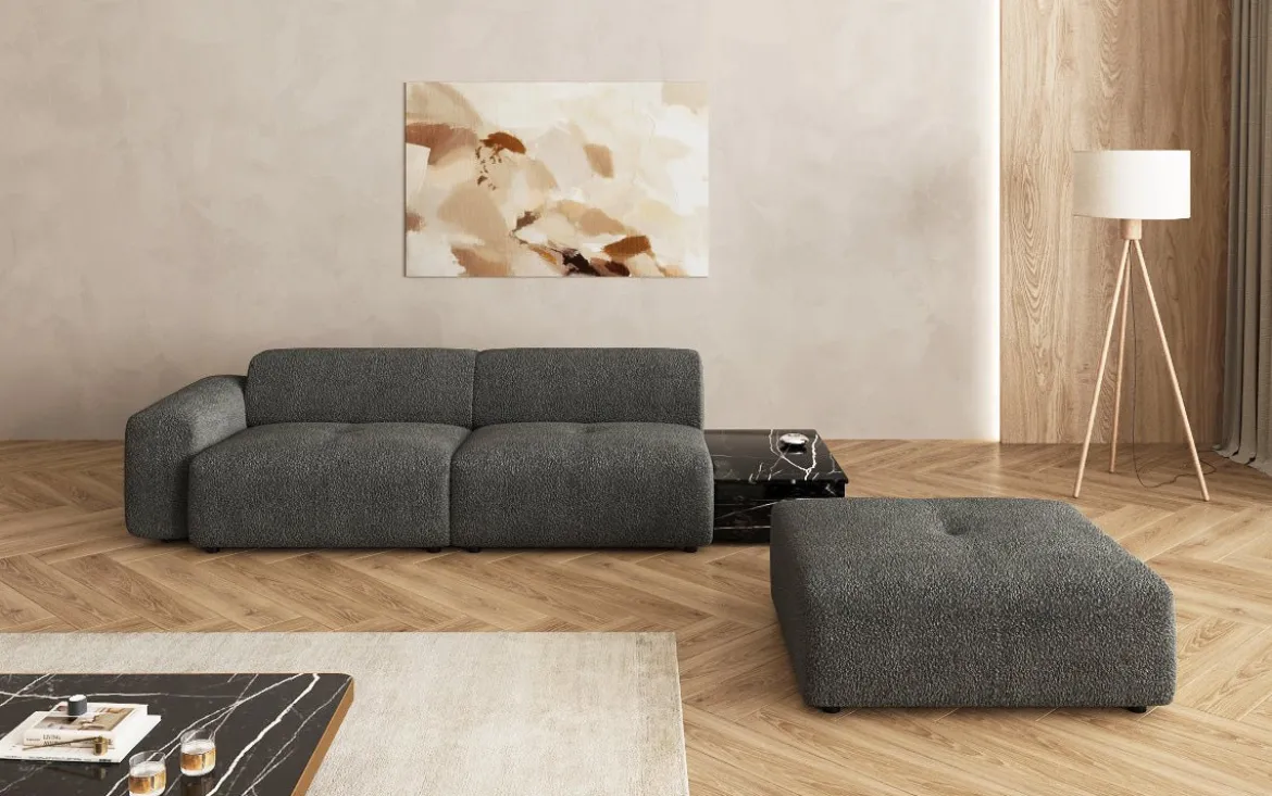 Designer Sofa Calm 3 Sitzer mit Beistellhocker und Beistelltisch in Bouclé