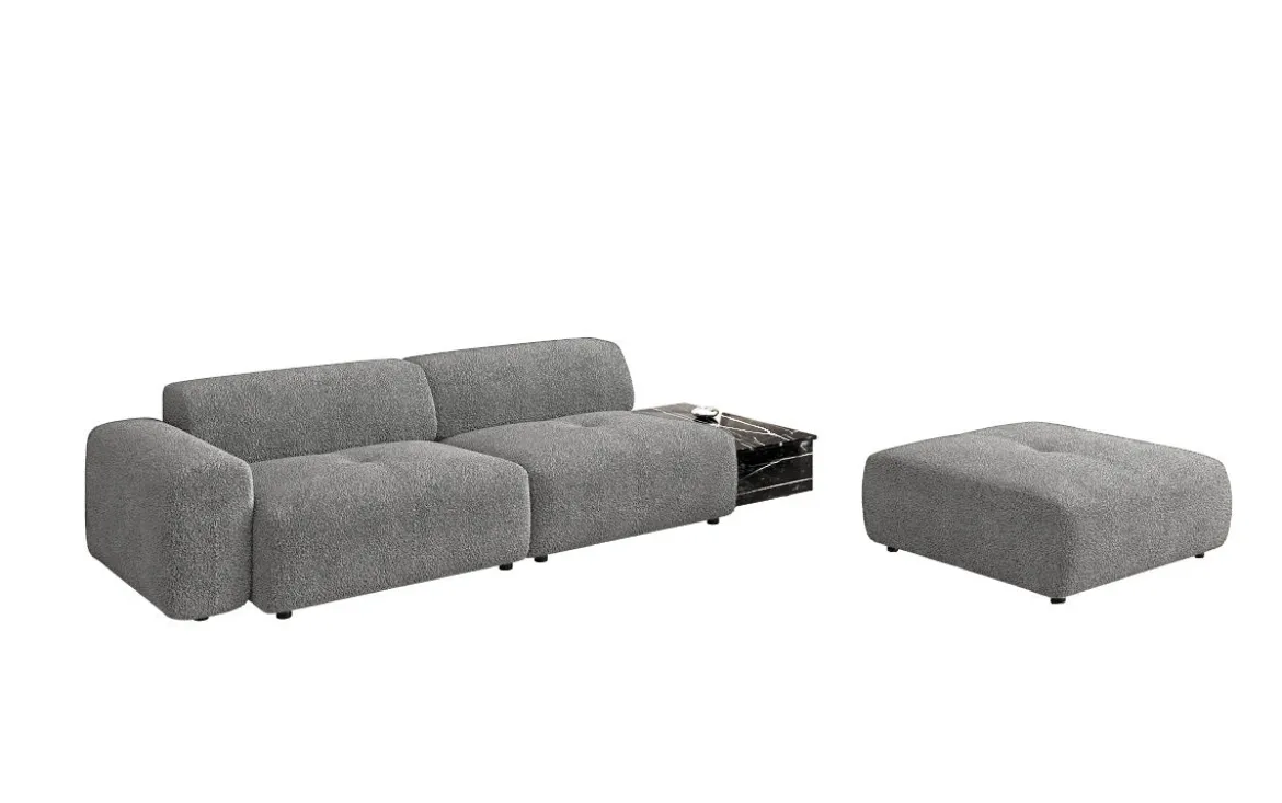 Designer Sofa Calm 3 Sitzer mit Beistellhocker und Beistelltisch in Bouclé