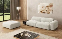 Designer Sofa Calm 3 Sitzer mit Beistellhocker und Beistelltisch in Bouclé