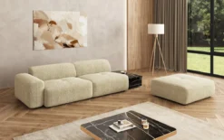 Designer Sofa Calm 3 Sitzer mit Beistellhocker und Beistelltisch in Bouclé